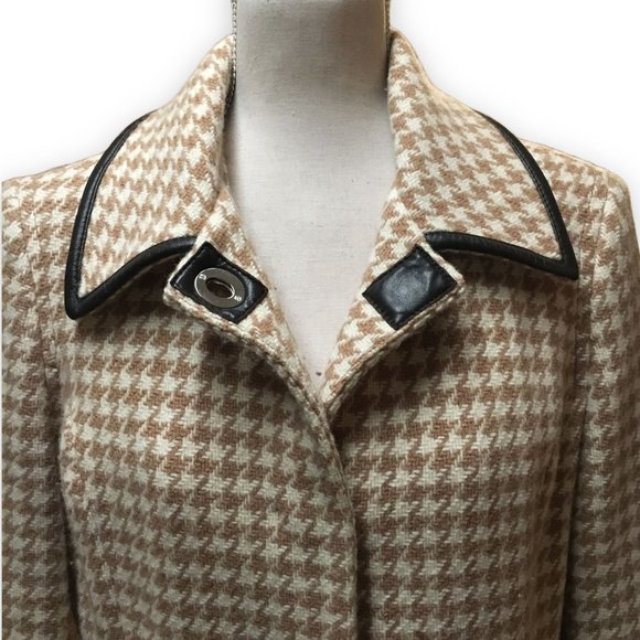 Vintage Coach Houndstooth Wool & Leather Womens Coat / Fully Lined / Large Tan - Picture 3 of 13